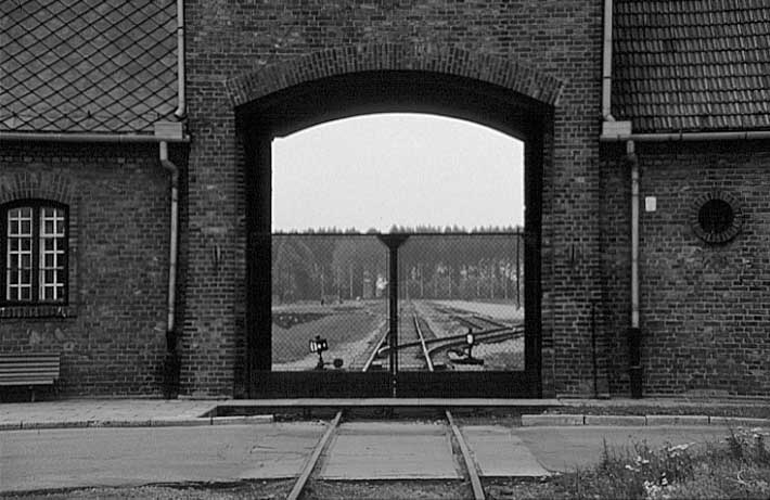 Poland photos - Auschwitz I I Birkenau - Main Gate - b&w
