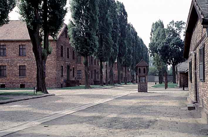 Poland photos - Auschwitz I - Guard Tower in front of Appellplatz - color